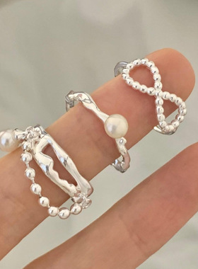 一恋甜酷仿珍珠戒指女百搭时尚叠戴个性开口指环麻花交叉网红风食