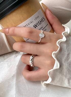 一恋甜酷叠戴麻花戒指女白色椭圆精致百搭链条开口指环ins风食指