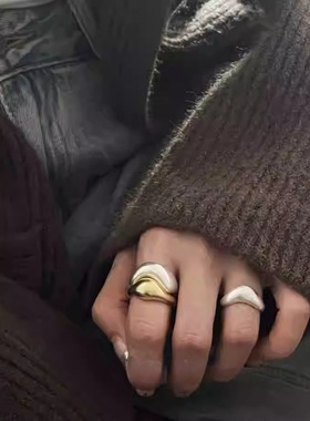 一恋金银撞色雾面戒指女个性时尚几何不规则开口指环食指