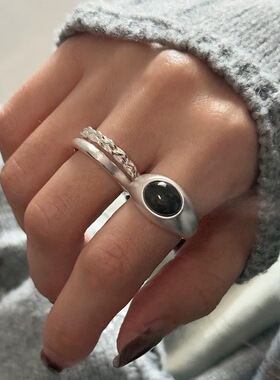 一恋甜酷百搭双层麻花戒指女黑色椭圆时尚轻奢开口指环网红个性食