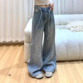 加绒加厚宽松显瘦设计感直筒裤 美式 新款 大码 重工镶钻牛仔裤 女冬季