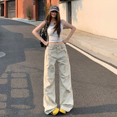 裤 女2025新款 美式 米白色阔腿工装 褶皱设计宽松显瘦高腰直筒休闲裤