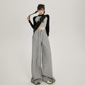 美式 加长 女秋冬&长裤 复古高腰宽松阔腿裤 松紧腰抽绳百搭休闲裤