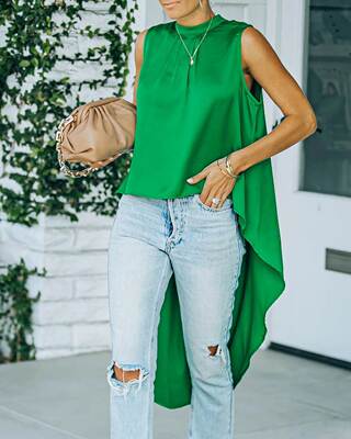 Women Blouse Plain Sleeveless Dip Hem Top无袖不规则宽松上衣