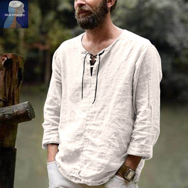 T-shirts Men 2023夏季薄款男士上衣抽绳绑带长袖T恤大码宽松男装