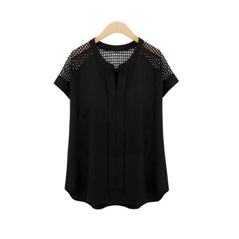 夏季新品大码女装欧洲站镂空拼接大码胖纯色短袖子衬衣衬衫shirt