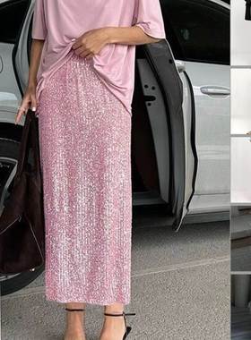 欧美风新款纯色亮片后开叉时尚休闲半身裙Back slit sequin skirt