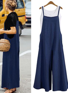 欧美风棉麻吊带宽松纯色阔腿裤休闲连体裤S-5XL连衣裤女Jumpsuit