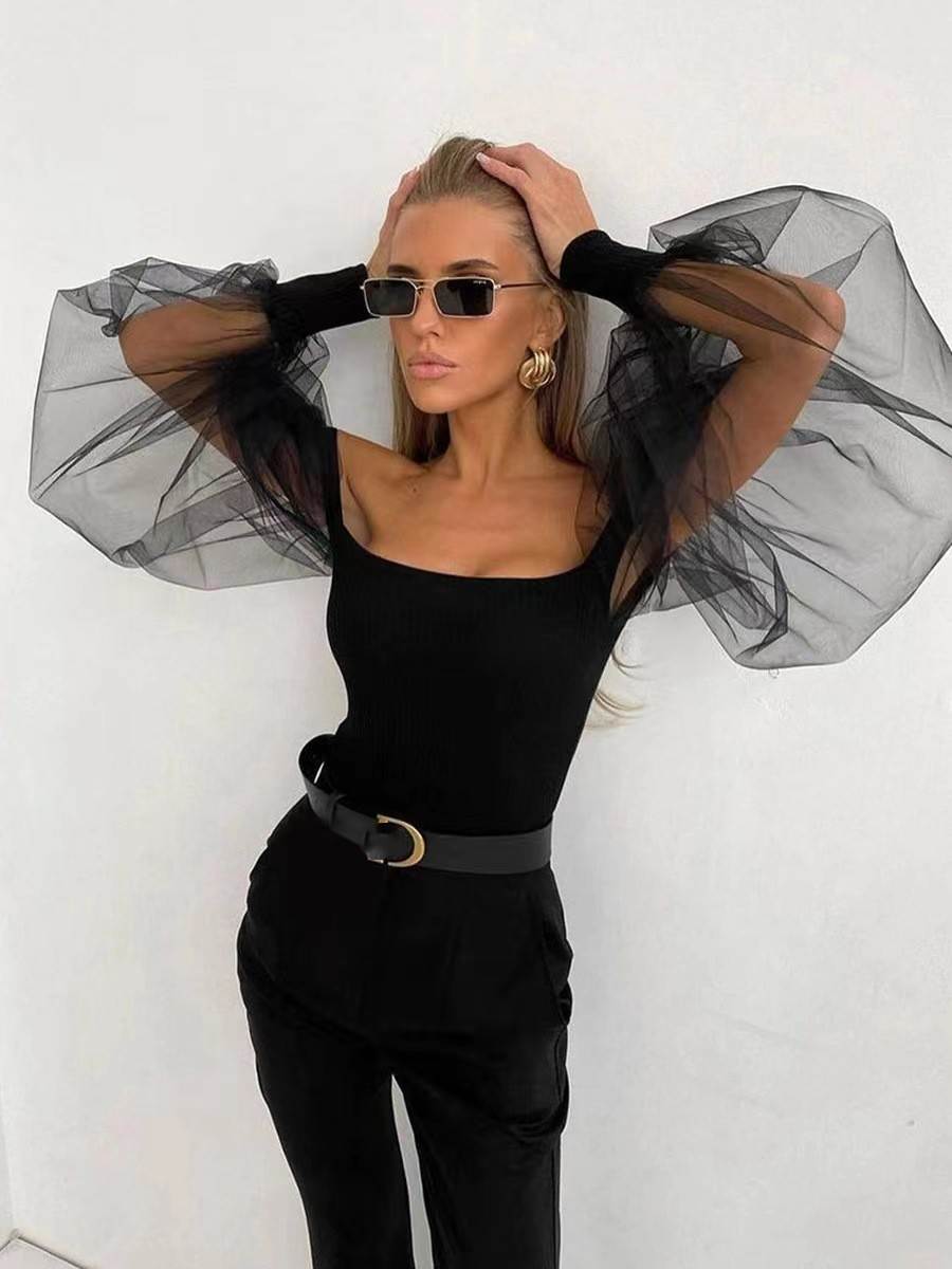 欧美新款性感一字领网纱泡泡袖修身露肩上衣Sexy Mesh Sleeve Top