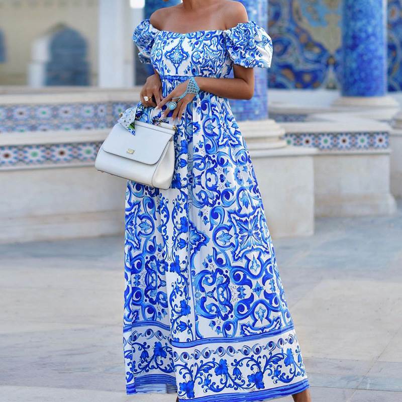 一字领高腰波西米亚连衣裙 High Waisted Bohemian Dress