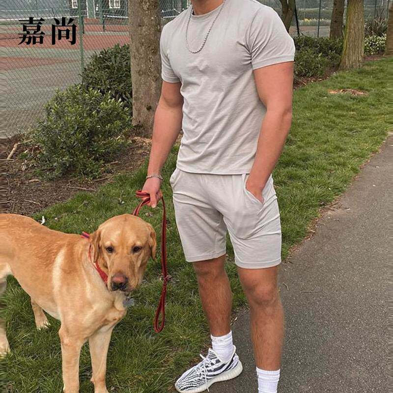 2023外贸春夏新款纯色休闲欧美大码短袖上衣T恤短裤套装Men suit