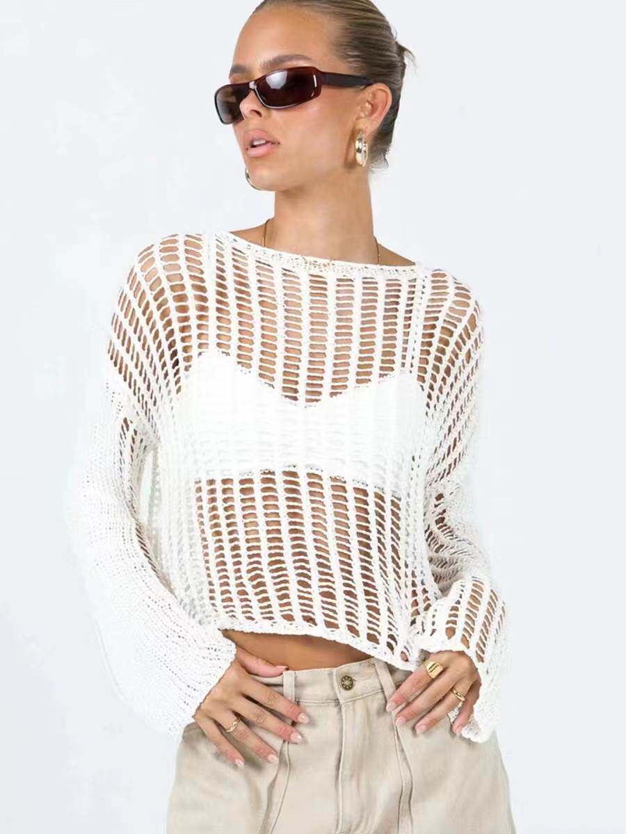 欧美风长袖镂空针织网衫宽松沙滩罩衫女上衣 Knitted cut-out top