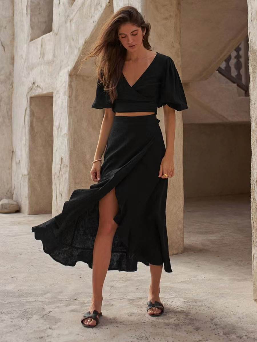 欧美夏季V领泡泡袖上衣高腰半身裙套装 V-neck top and skirt set