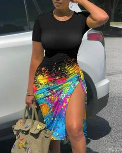 Print Drawstring Ruched 泼墨T恤裙 Slit Splash High Dress Ink