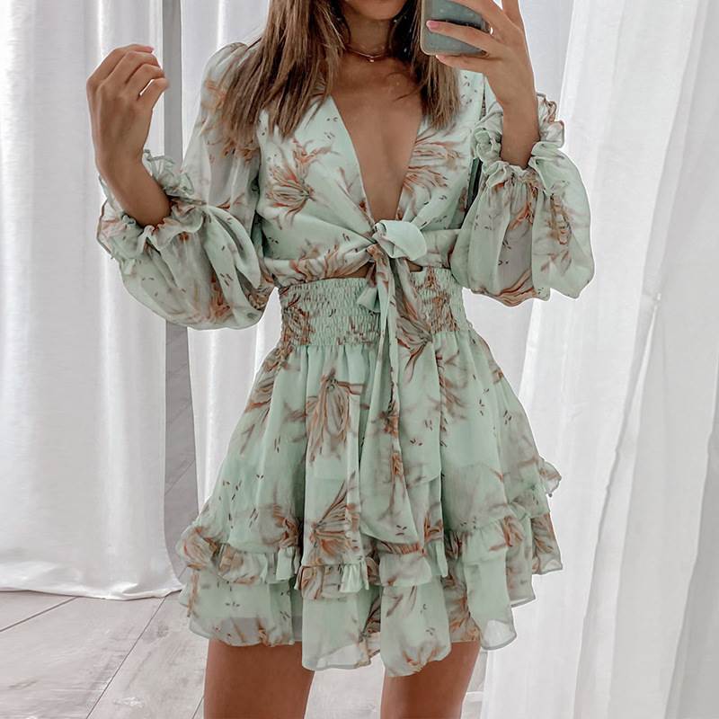 Green Medium waist dress雪纺气质通勤印花拼接绿色中腰连衣裙
