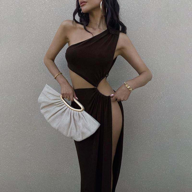 欧美时尚经典女装高妹性感高开衩露腰镂空单肩连衣裙过膝长裙棕色