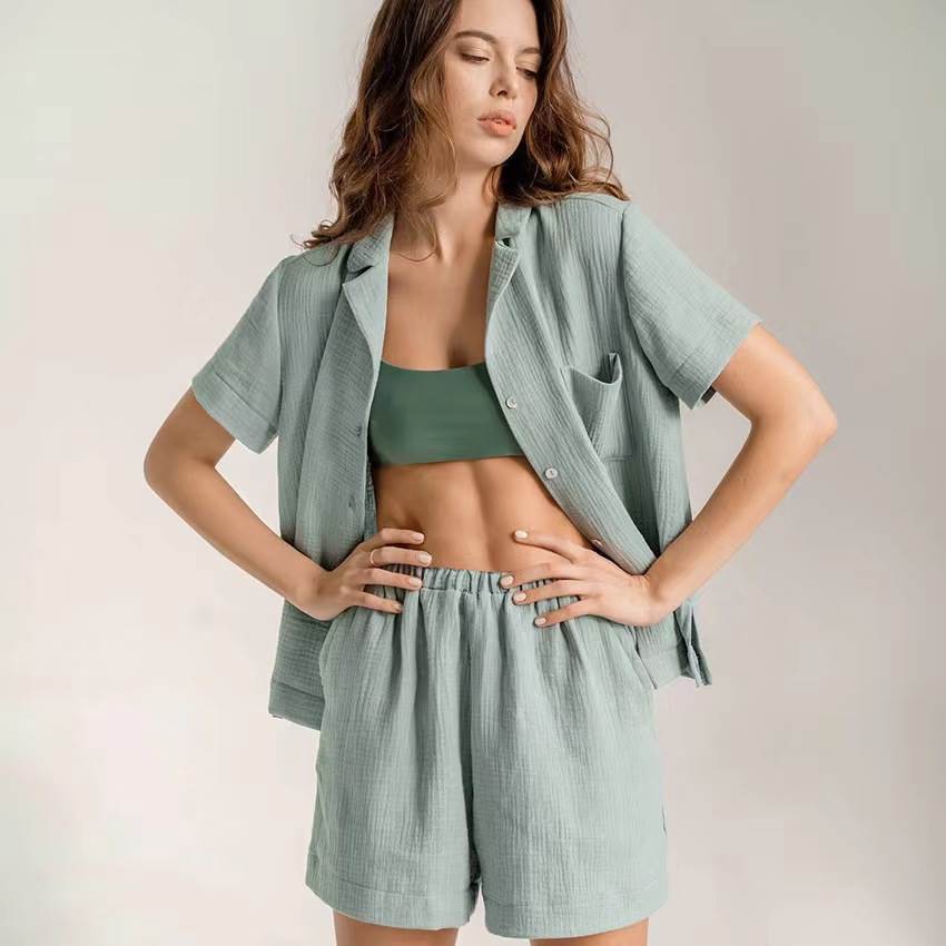 欧美风短袖衬衫短裤双层纱布套装 Short Sleeve Shirt Shorts Set
