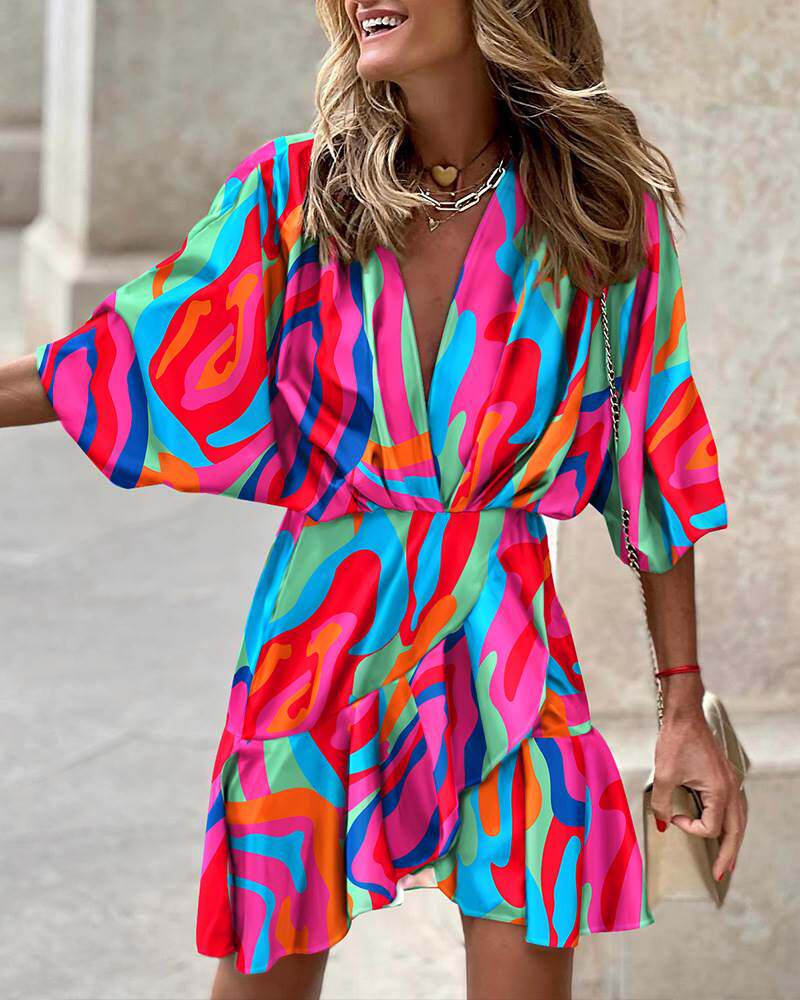 印花V领收腰荷叶边连衣裙 Ruffle Hem Abstract Print Dress