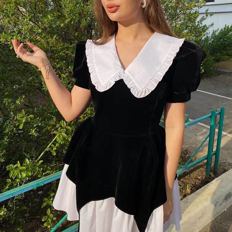 欧美甜美娃娃领连衣裙短袖拼接收腰蓬蓬裙 Sweet doll neck dress