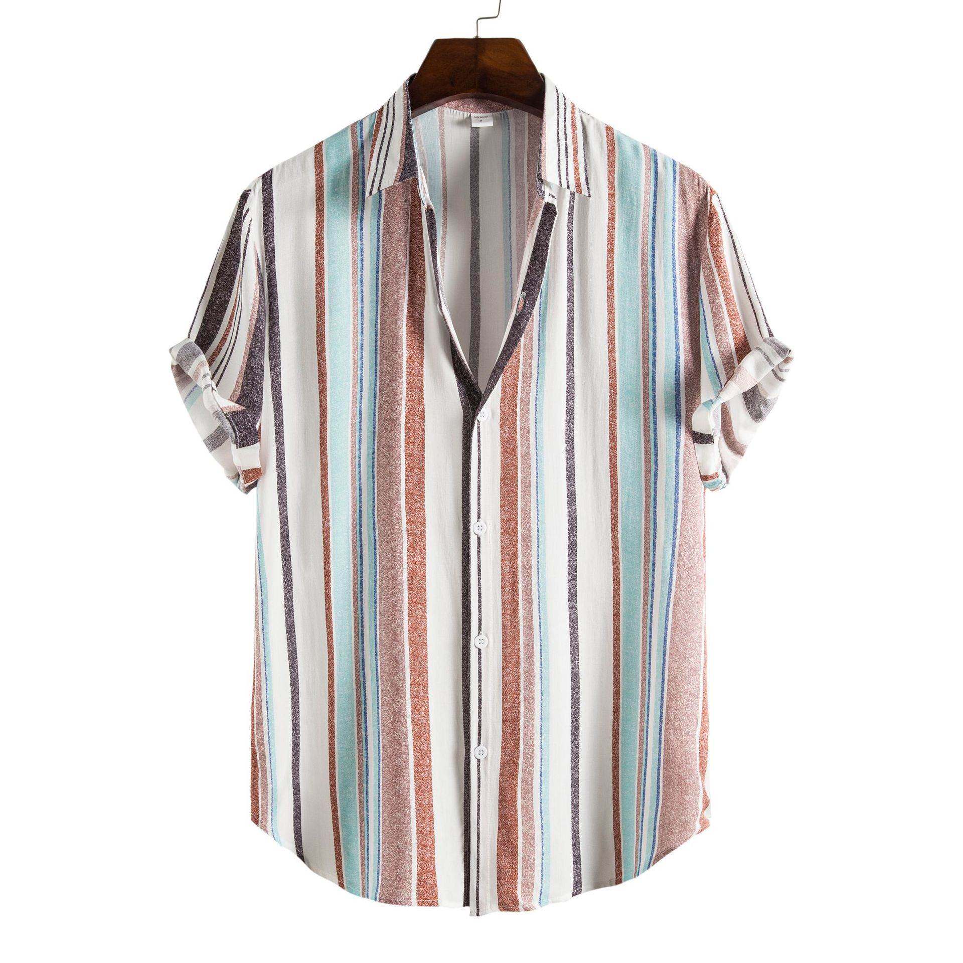 2023欧美外贸衬衫印花宽松休闲男式短袖衬衣翻领上衣潮Men shirts