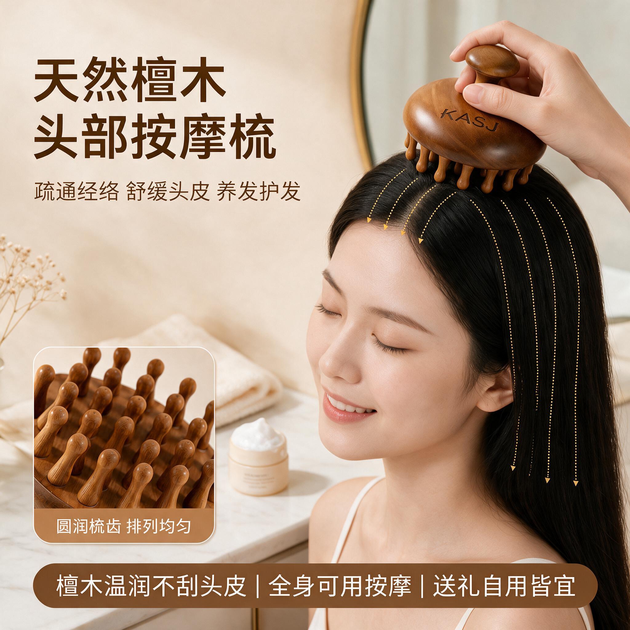 凯诗捷檀木头皮按摩经络梳不打结