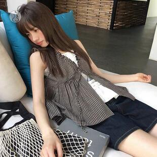 夏季新款韩系复古气质感小吊带+格子开衫衬衫袖两件套上衣