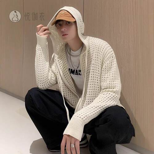镂空针织开衫男设计感连帽毛衣BF