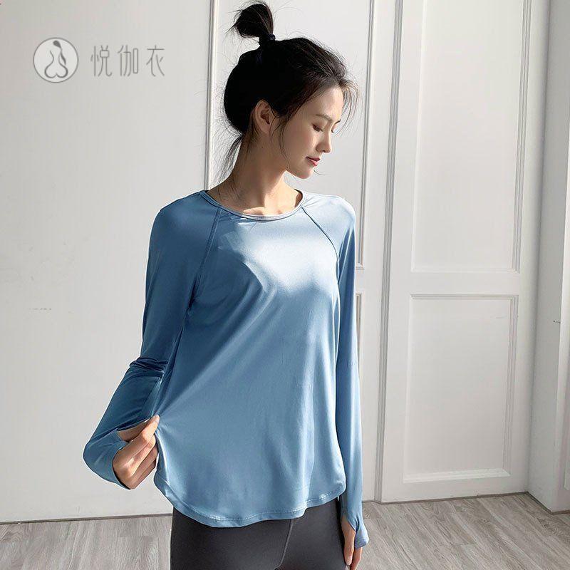 夏季瑜伽上衣女新款长袖运动服恤晨跑透气薄款宽松大码显瘦速干