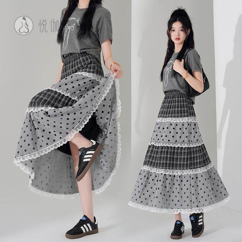 学院风甜美波点层层花边蛋糕半身裙女夏季日系温柔风a字大摆长裙