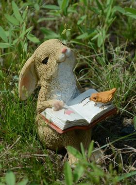 花园可爱看书兔子摆件树脂多肉花盆微景观装饰品创意礼物送女生