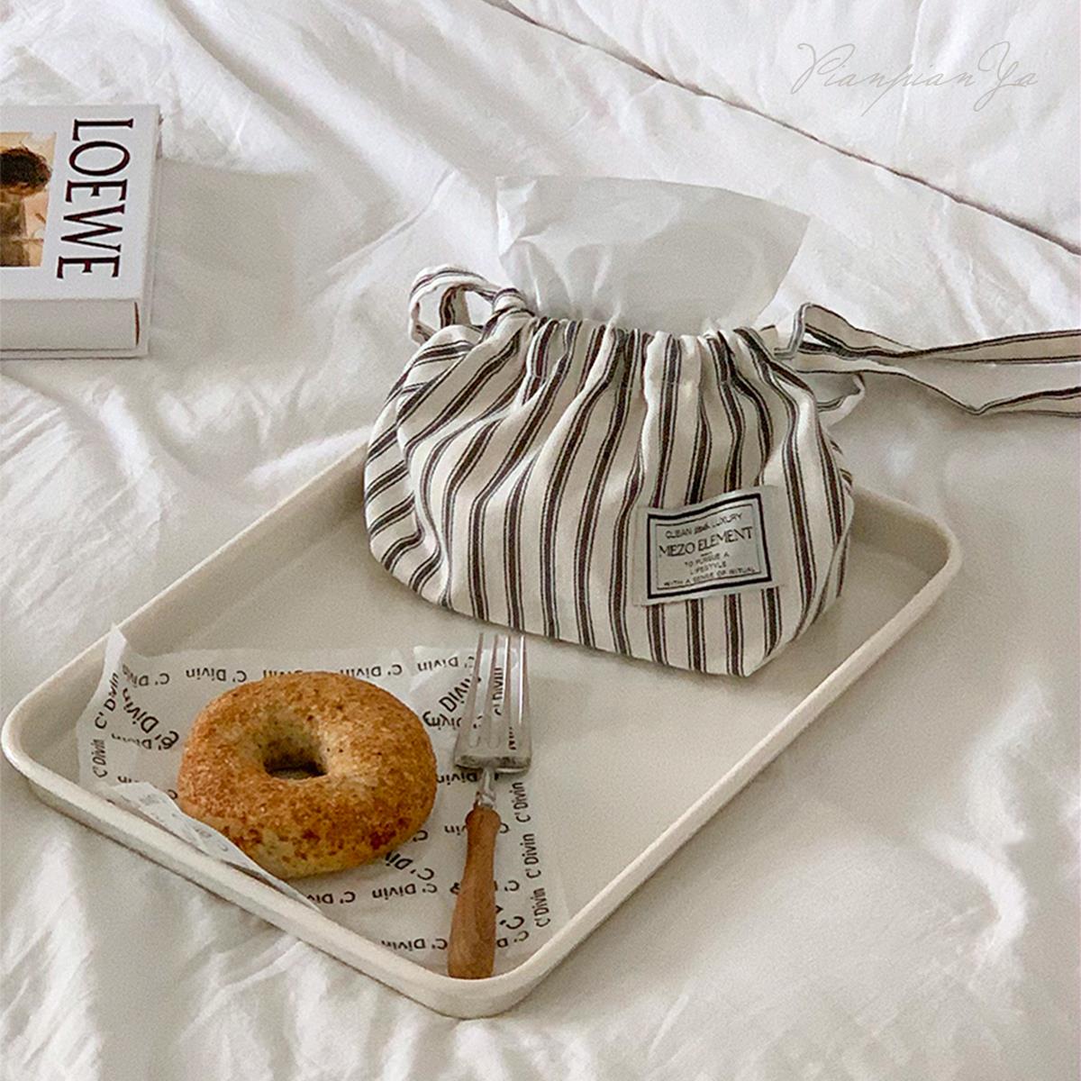 全棉简约条纹抽纸盒装饰纸巾盒复古创意收纳包家用车载纸巾袋