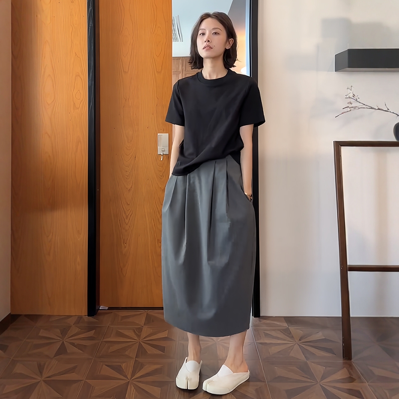 夏季套装女2025新款简约修身短袖T恤高腰显瘦花苞半身裙两件套潮
