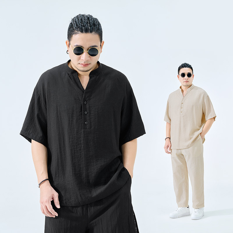 BIGCHESE新中式V领短袖衬衫男2025夏季亚麻透气T恤宽松特大码衬衣