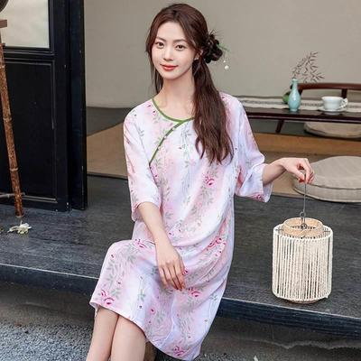 新中式棉绸睡裙夏季薄款中袖连衣裙国风人造棉睡衣大码外穿家居服