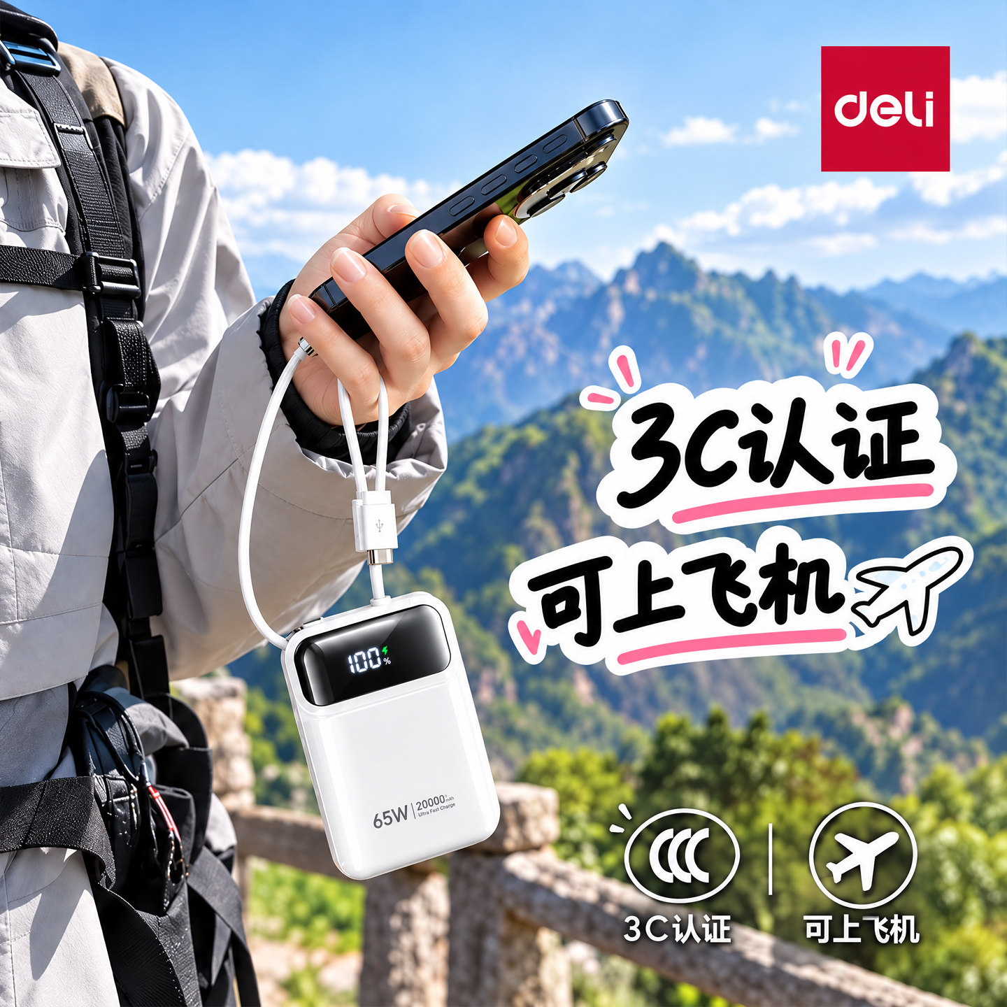 得力充电宝3c认证可上飞机超级快充大容量20000毫安超薄小巧便携迷你外卖专用长续航移动电源新国标2026款