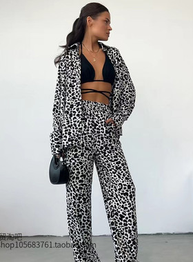 欧美风豹纹印花上衣长裤套装Leopard print top and pants outfit