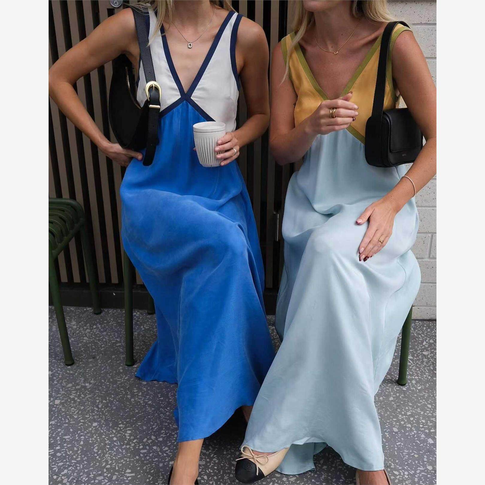 欧美新款时尚V领无袖拼色大摆连衣裙V-neck color blocking dress
