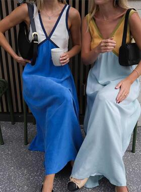 欧美新款时尚V领无袖拼色大摆连衣裙V-neck color blocking dress