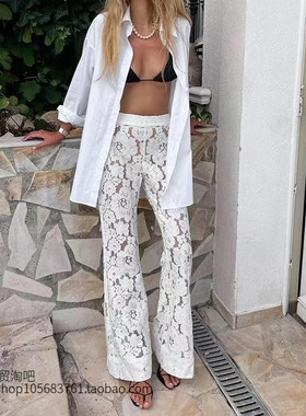 欧美风蕾丝提花透视高腰喇叭裤Jacquard Perspective Flare Pants