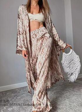 欧美宽松色丁印花睡衣长裤两件套家居服Printed pajama pants set