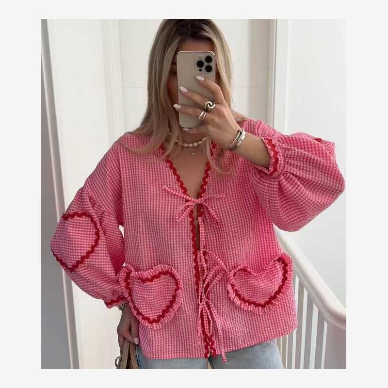 欧美风时尚系带撞色格子灯笼袖上衣Checkered lantern sleeve top