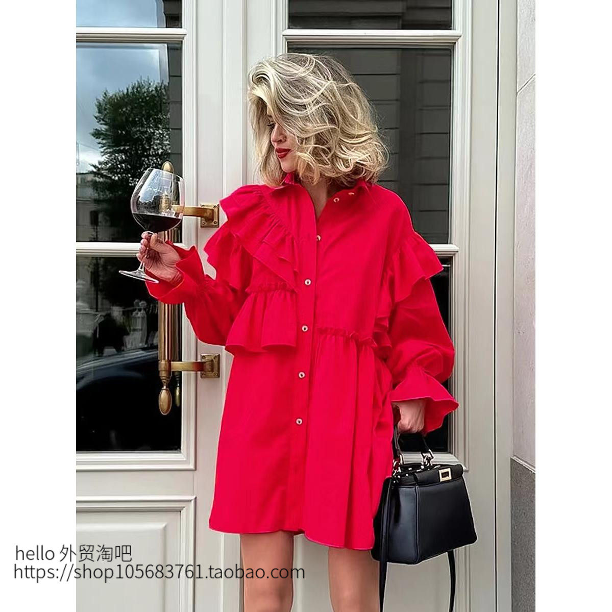 法式性感翻领长袖荷叶边时尚衬衫 Fashionable ruffle edge shirt
