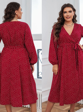 Big size women autumn casual print v neck party dinner dress