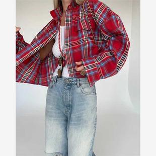 衬衫 plaid Flip loose shirt collar 欧美风翻领衬衣气质格纹长袖