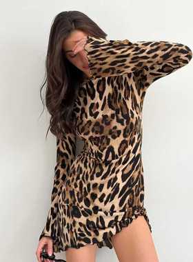 欧美风性感露背豹纹连衣裙复古系带短裙Sexy leopard print dress