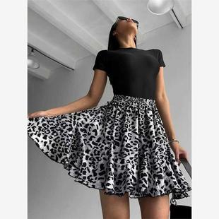 欧美新款性感豹纹卷边松紧带显瘦半身裙Sexy leopard print skirt