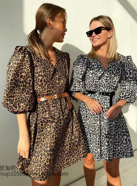 欧美风娃娃领豹纹印花时尚连衣裙 Doll neck leopard print dress