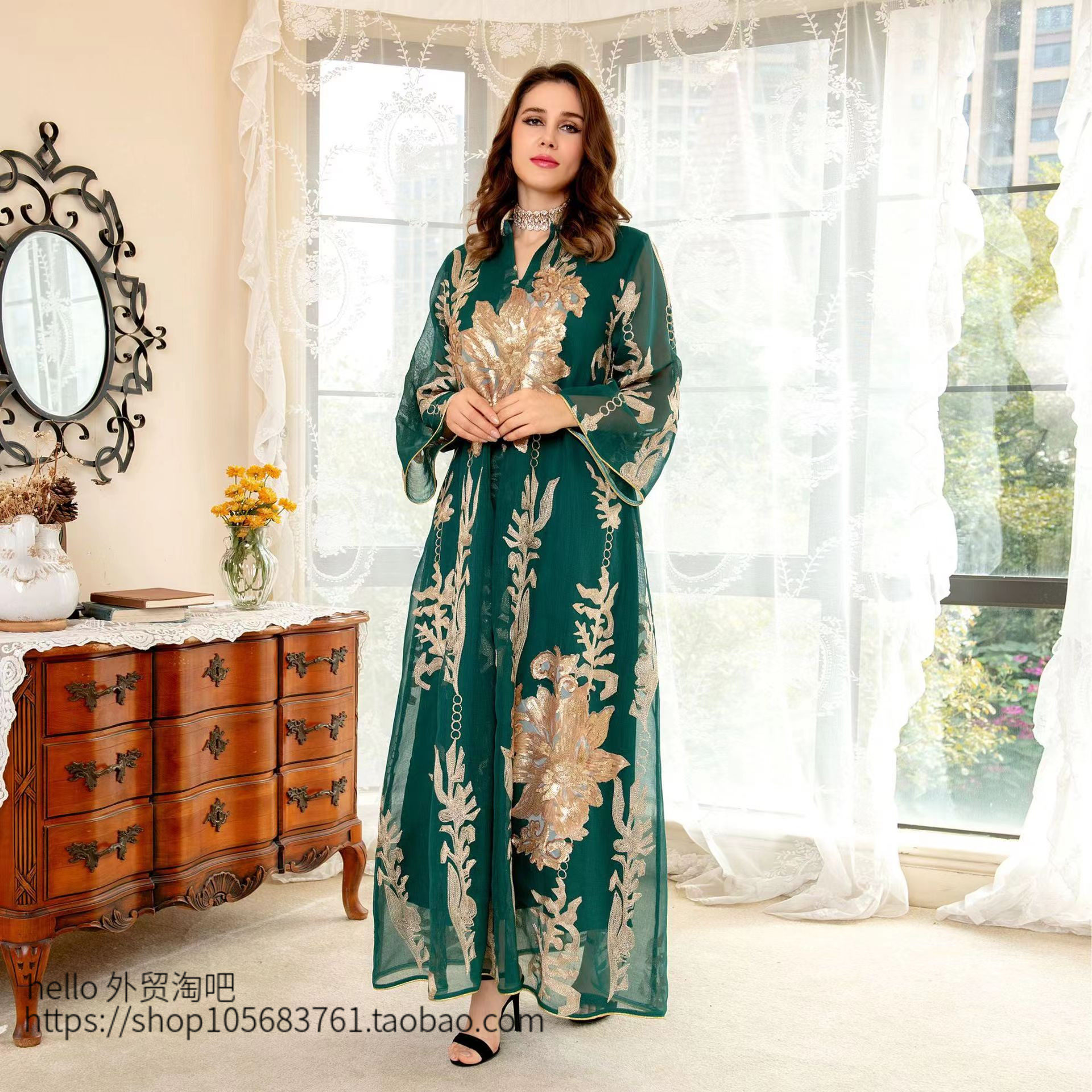 New ethnic style golden sequin embroidered yarn dress