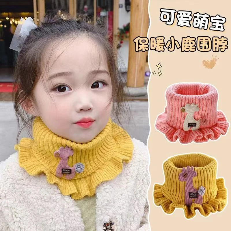 新款秋冬新款宝宝毛线针织围脖冬季防寒针织脖套小鹿卡通男女通用