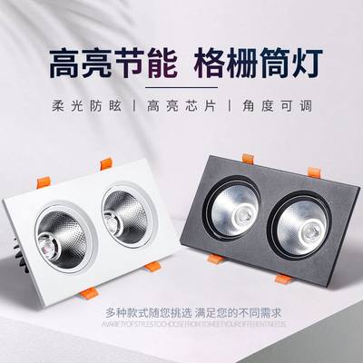 双头筒灯10x20LED格栅灯长方形射灯嵌入式天花灯吊顶黑色斗胆灯